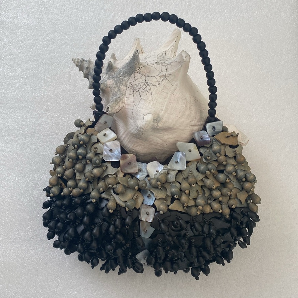 Pretty Pacific Island, coconut shell, mother of pearl, beaded handbag by Pele